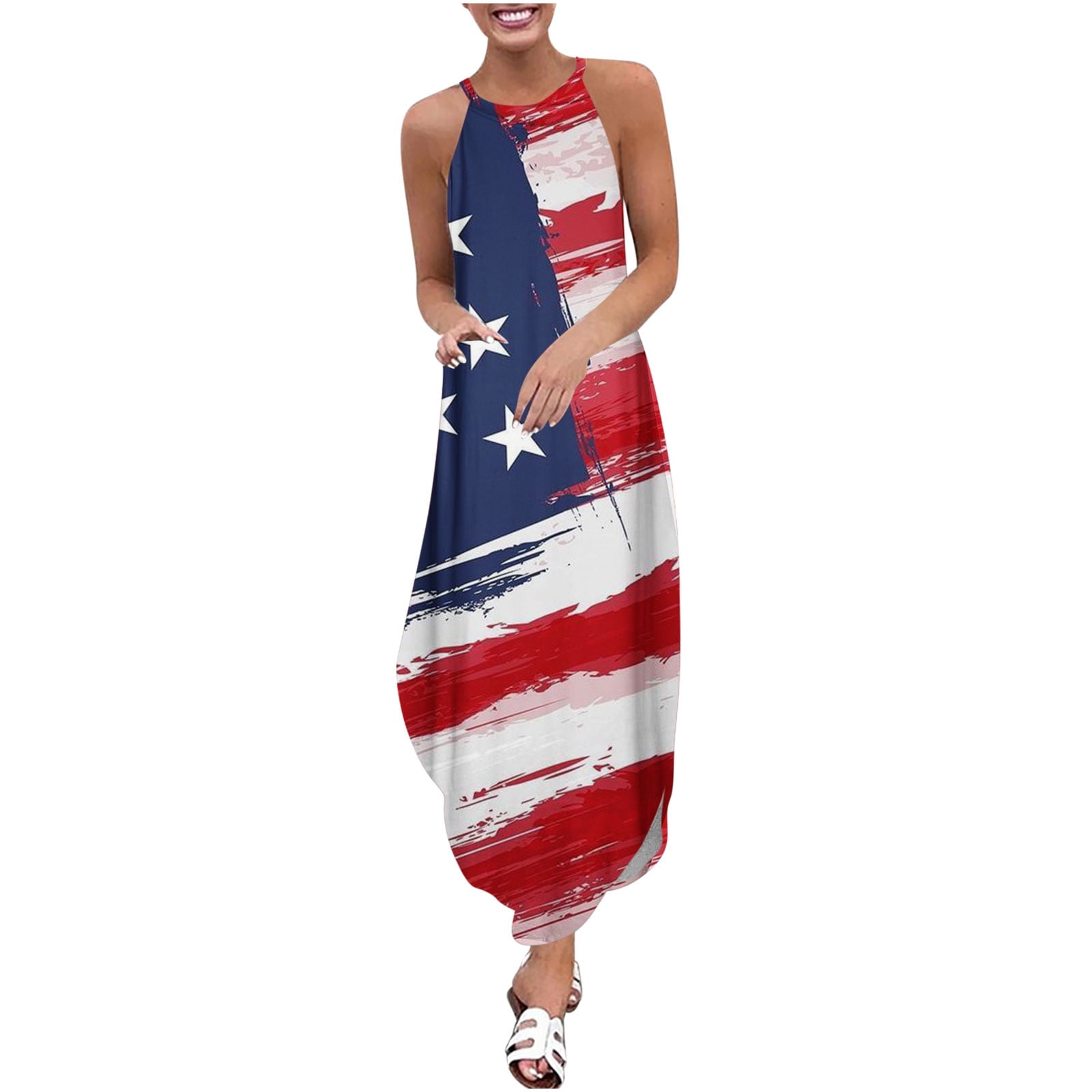 Womens 4th of July Flowy Dresses Fashion American Flag Mini Halter Dress Casual Summer Holiday Party Beach Sundress 