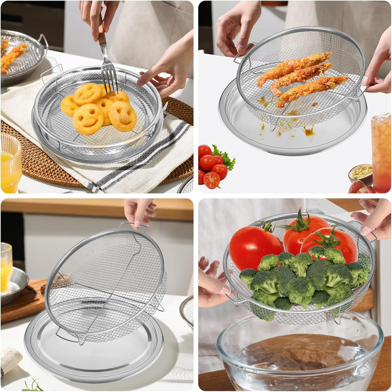 Air Fryer Basket for Oven,2 Pieces Set Round Silver 12.9'' Non-stick Stainless Steel Mesh Air Fryer Baking Tray Accessories Rack Roasting Grill Basket for Convection Oven Air Fryer, Dishwasher Safe