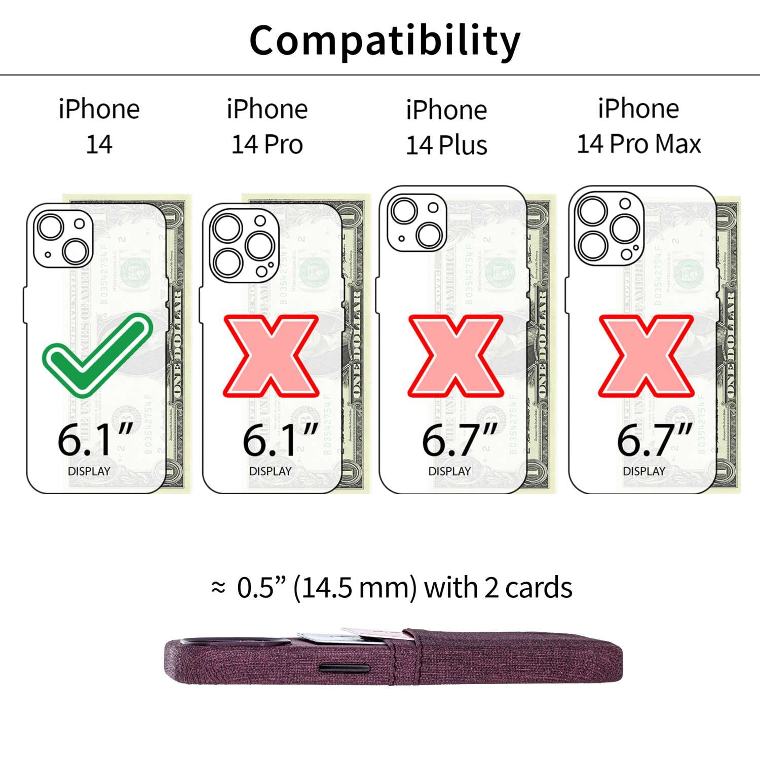 Dockem Card Case for iPhone 14 with Built-in Metal Plate for Magnetic Mounting & 2 Pockets: Luxe M2 (Burgundy)