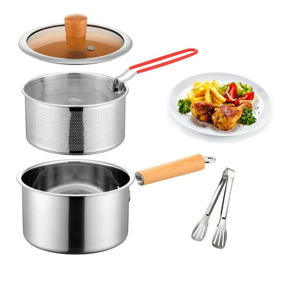 Deep Fryer Pot 304 Stainless Steel Frying Pan with Strainer Basket and Handle,Japanese Tempura Fryer Deep Fryers Frying Pot for Frying Fish Shrimp Chicken and Fries (Silver)