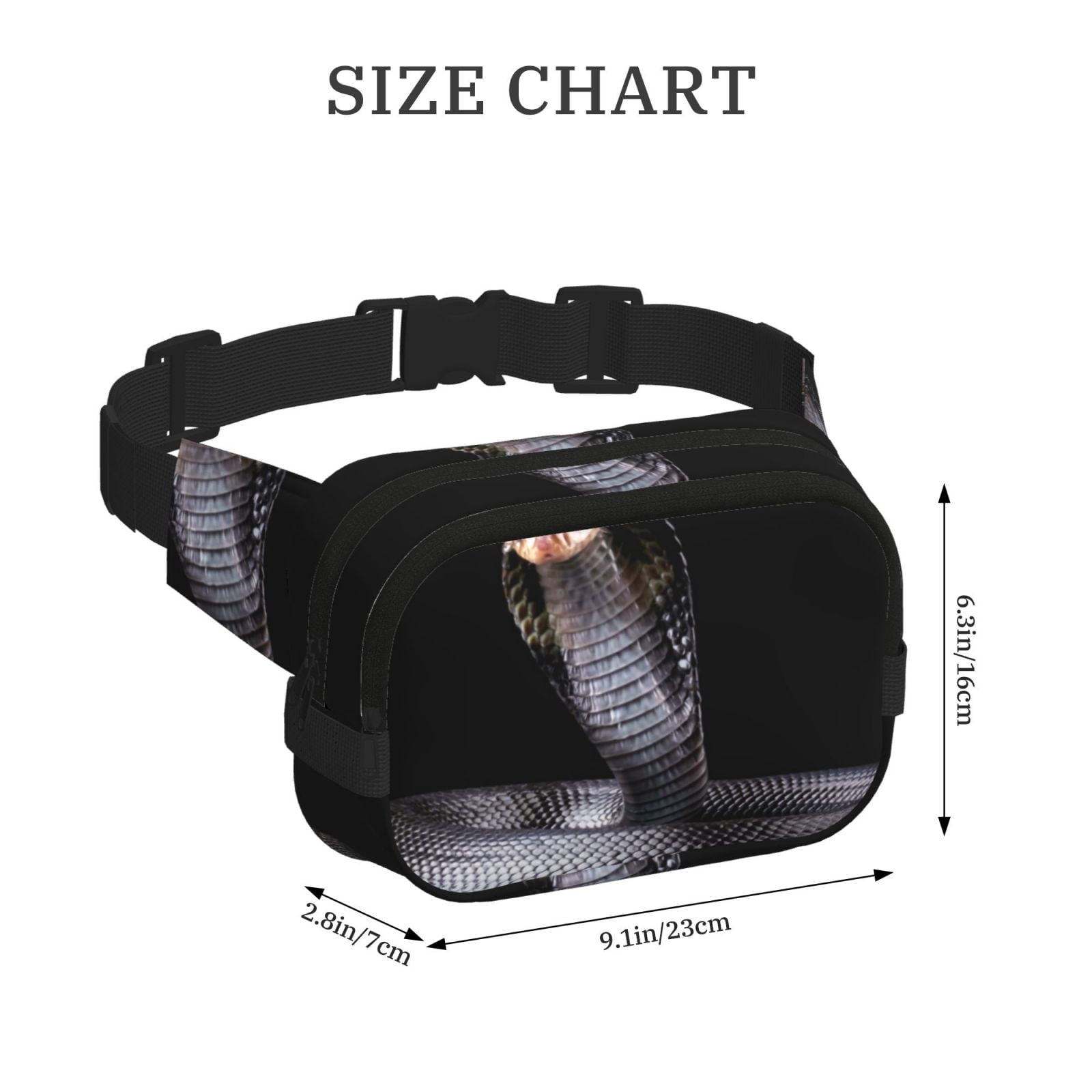 Picia Black Cobra Snake Print Square Double-Layer Waist Bag Mini Adjustable Waist Belt Bag Exercise Running Travel Hiking