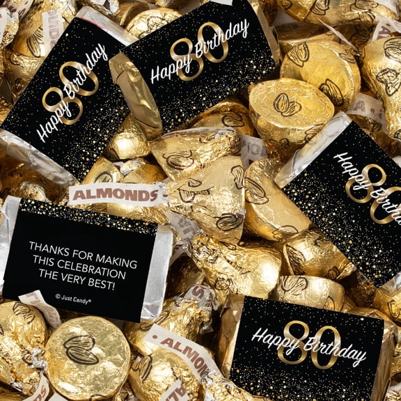 124 Pcs 80th Birthday Candy Party Favors Hershey's Miniatures & Gold Almond Kisses (1.52 lbs)