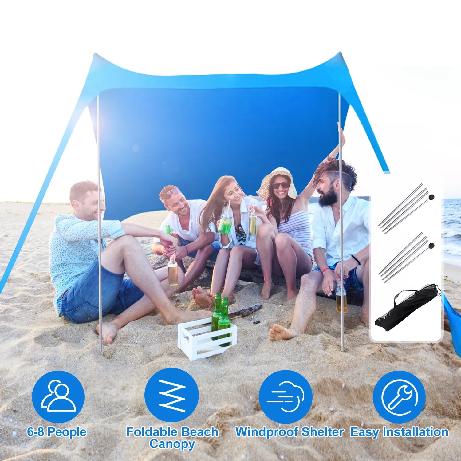 2-Pole Beach Canopy Tent with UPF 50+ UV Protection, Sandbags & Accessories - Large Sun Shade for Camping, Fishing, Backyard & Picnic