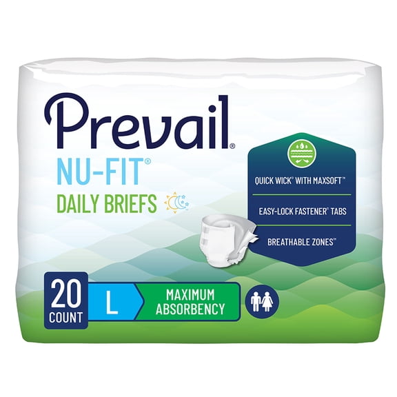 Prevail Nu-Fit Adult Incontinence Brief L Heavy Absorbency Breathable, NU-013/2, 56, 20 Ct