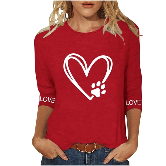 Hvot&aat Ladies' Valentines Day Shirts Love Heart Graphic 3/4 Sleeve Sweatshirt Crewneck Pullover Holiday T-shirt