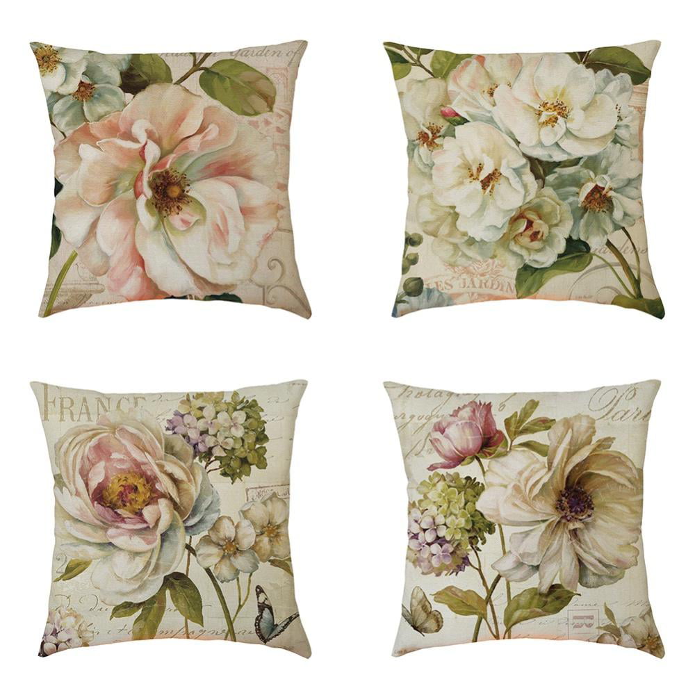 WOMHOPE Throw Pillow Covers Cozy Bright Flower Pillow Cases Cushion Cases Square Burlap Toss 18 x 18 Inch,Set of 4 for Living Room,Couch and Bed Flower Bird