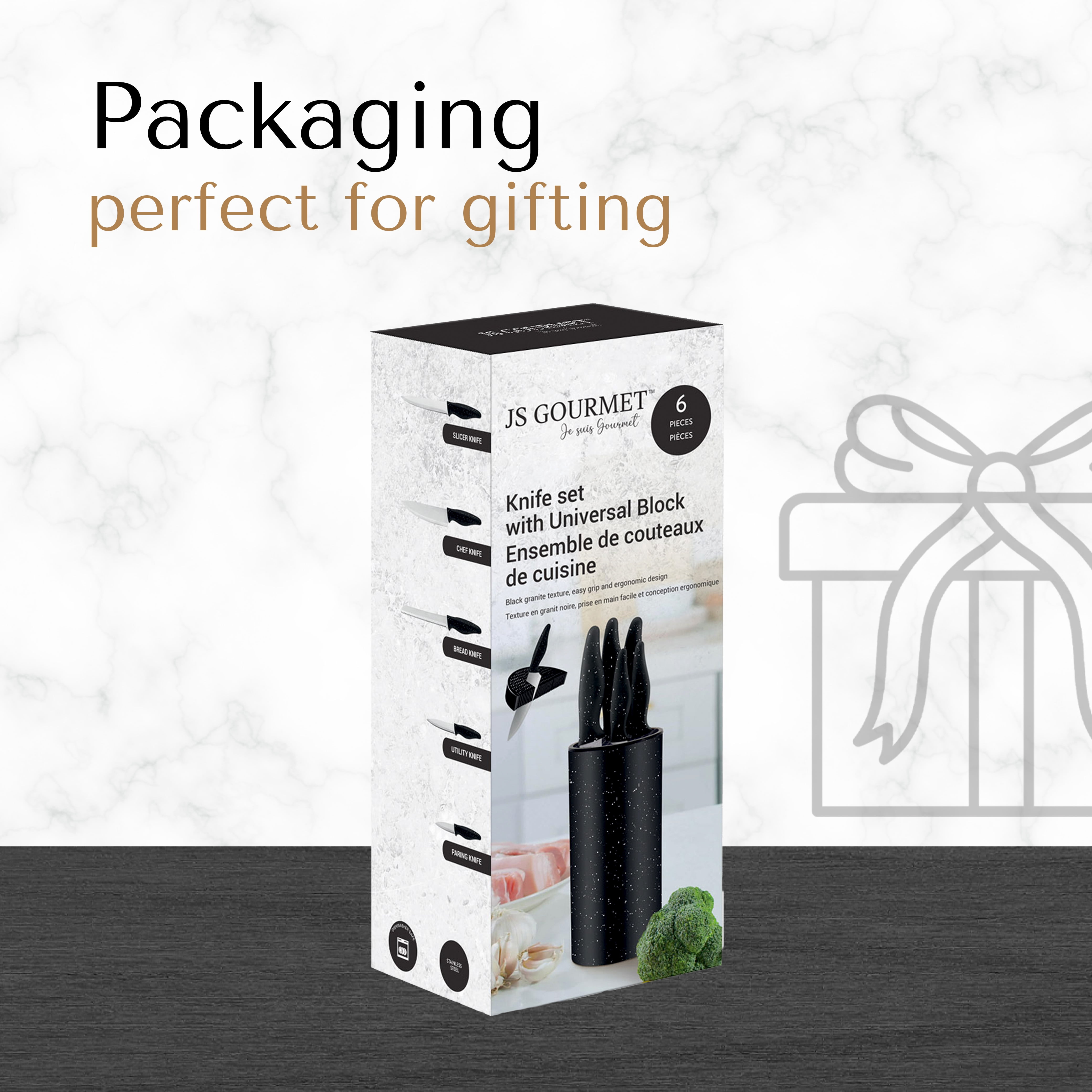 JS Gourmet - Knife Set with Universal Storage Block, Stainless Steel Blade, Black