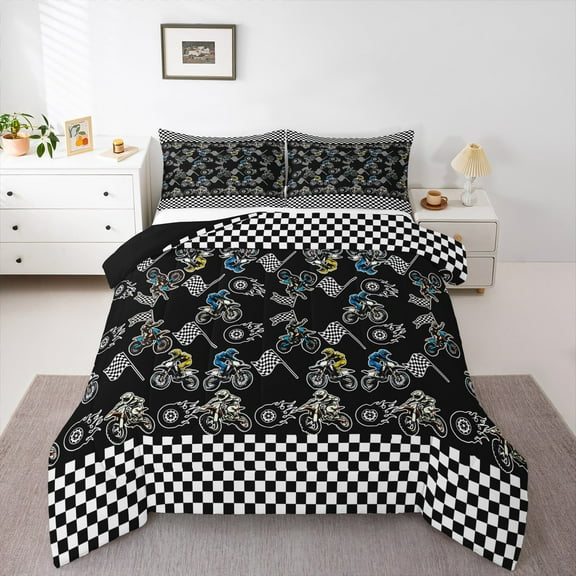 Feelyou Motorcycle Sport Boys Bedding Comforter Set, Black Dirt Bike Lover Twin Comforter Sets, Extreme Sports Reversible Bedding Set, Ultra Soft Home Decor, 2-Piece