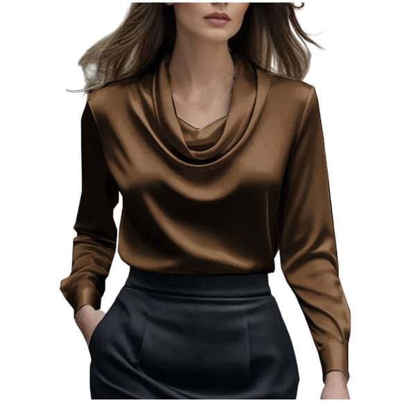 FAVIPT Satin Business Blouse for Women Elegant Drape Silk shirts Long Sleeve Ruched Cowl Neck Office Tops Brown,M