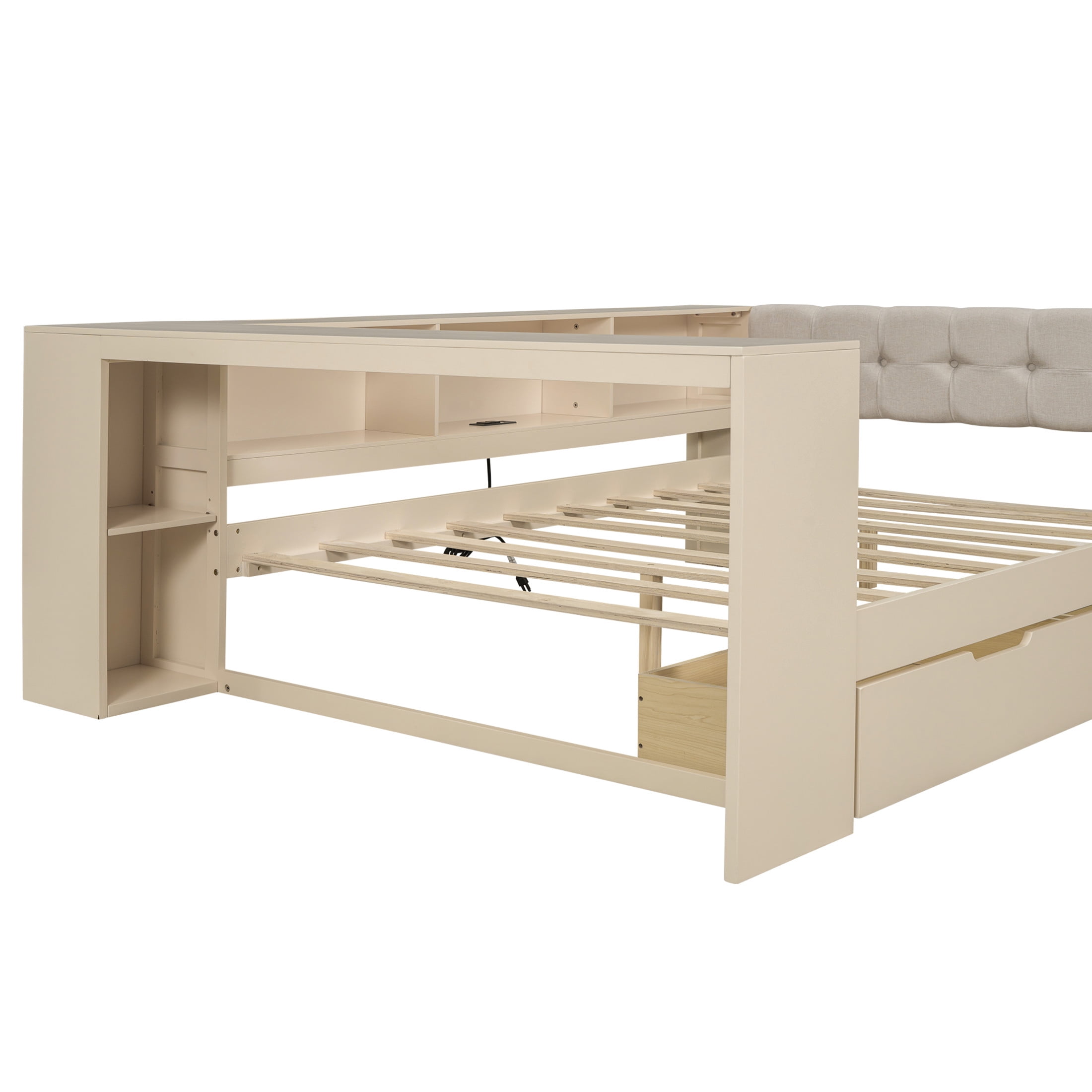Noble House Udolf Full Platform Bed with Upholstered Headboard, Storage Shelves and Drawers, Charging Station, Cream