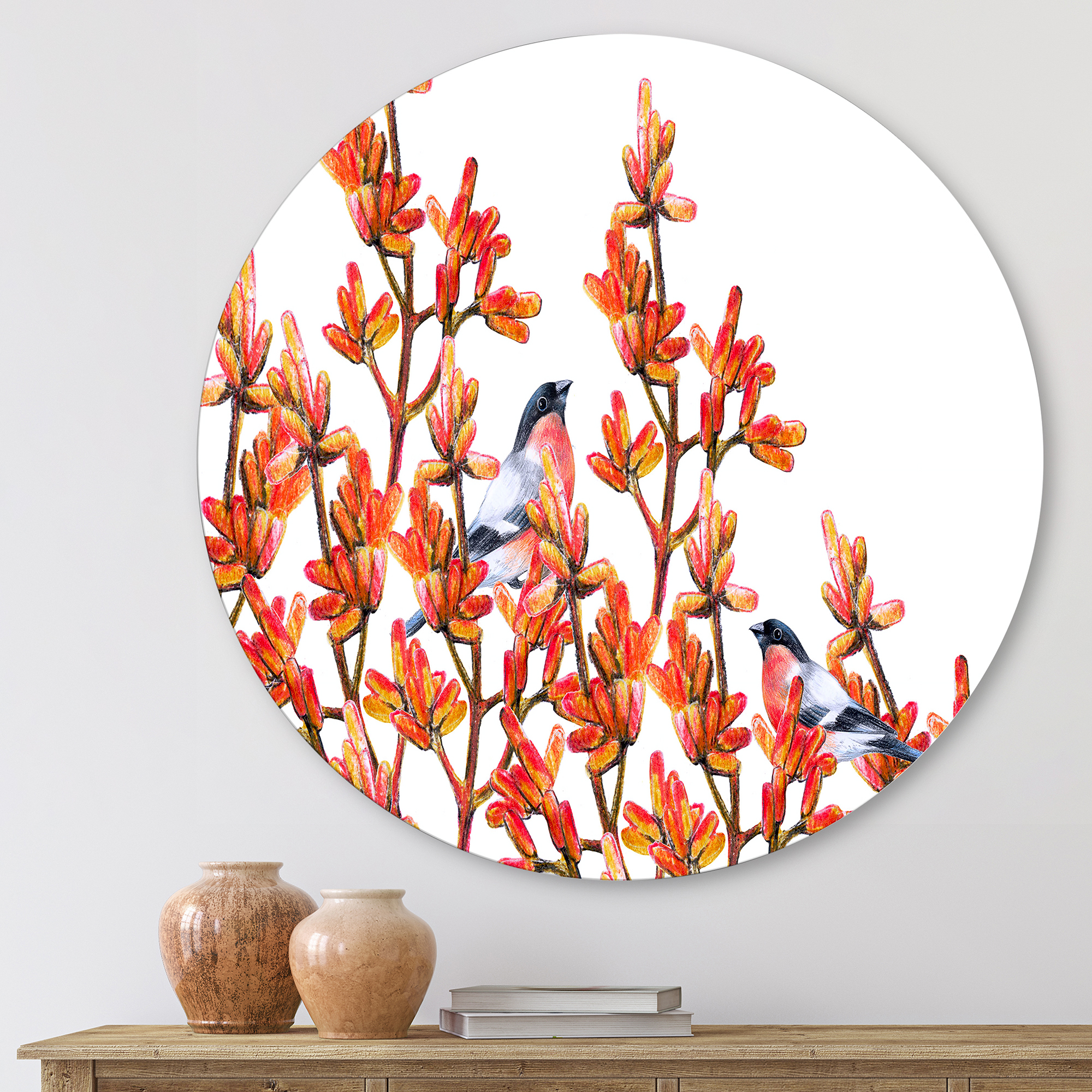 Designart 'Flock of Bullfinches Birds Sitting on Orange Branches' Traditional Circle Metal Wall Art 11x11 - Disc of 11