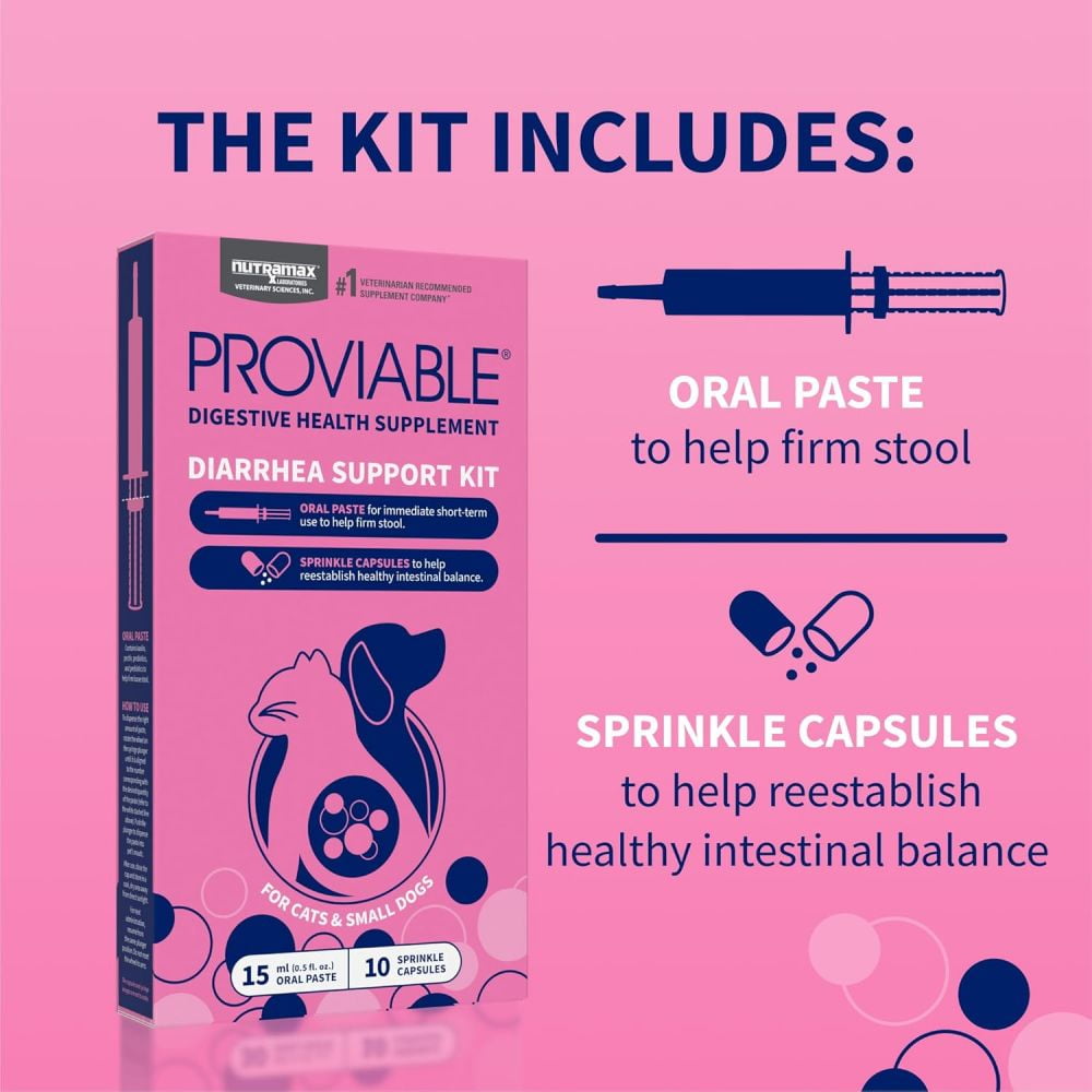 Nutramax Proviable Probiotics for Small Dogs and Cats, Diarrhea Support Kit, Digestive Health Supplement with Multiple Strains of Bacteria, Plus Prebiotics, Kaolin and Pectin, 15 ml Paste and 10 Caps