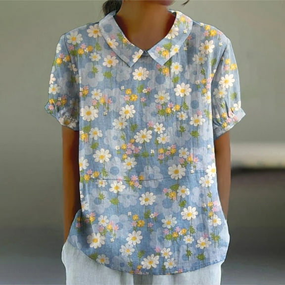 Blue Women's Short Sleeve T-shirt, Women'S Linen Lapel Art Floral Round Neck Button Loose Pullover Top Casual Shirt T Shirt,Women's Short sleeve T-shirt XL