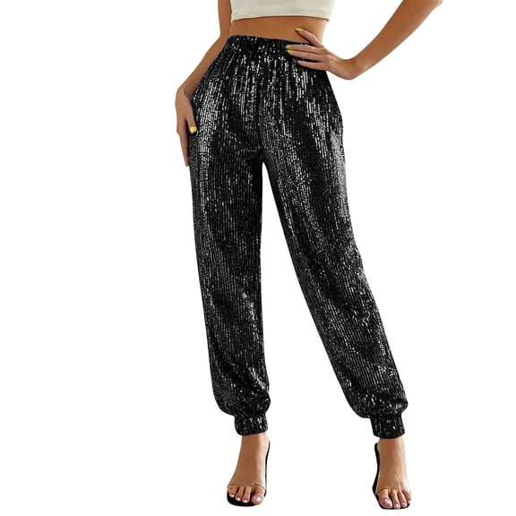 Women's Sequin High Waist Pants, Sparkly Pants for Women, Sparkly Elastic Waist Trousers, Shiny Party Pants, Comfortable Loose Fit, Holiday Celebration Wear, Glamorous Evening Outfits Black L