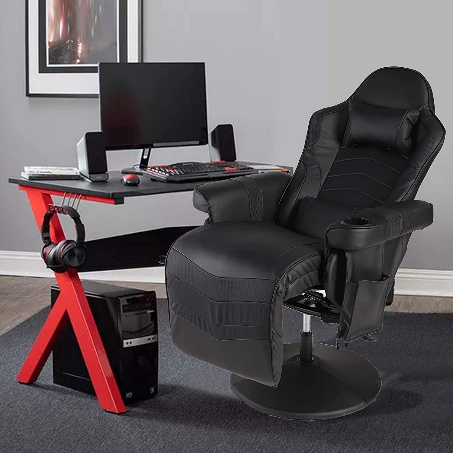 LVUYOYO Massage Video Gaming Recliner Chair Ergonomic Backrest & Seat Height Adjustment Swivel Recliner PU Leather High Back Computer Office Chair with Cupholder, Headrest, Lumbar Support, Footrest