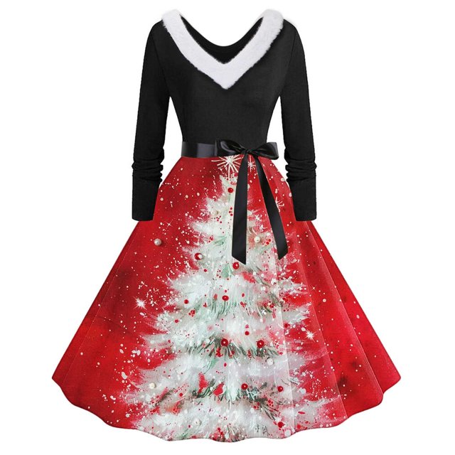 TIMIFIS Robes de Noël pour Femmes, Robes Maxi pour Femmes Robe Vintage de Vacances Manches Longues Col en V en Fourrure Robe Dos Nu