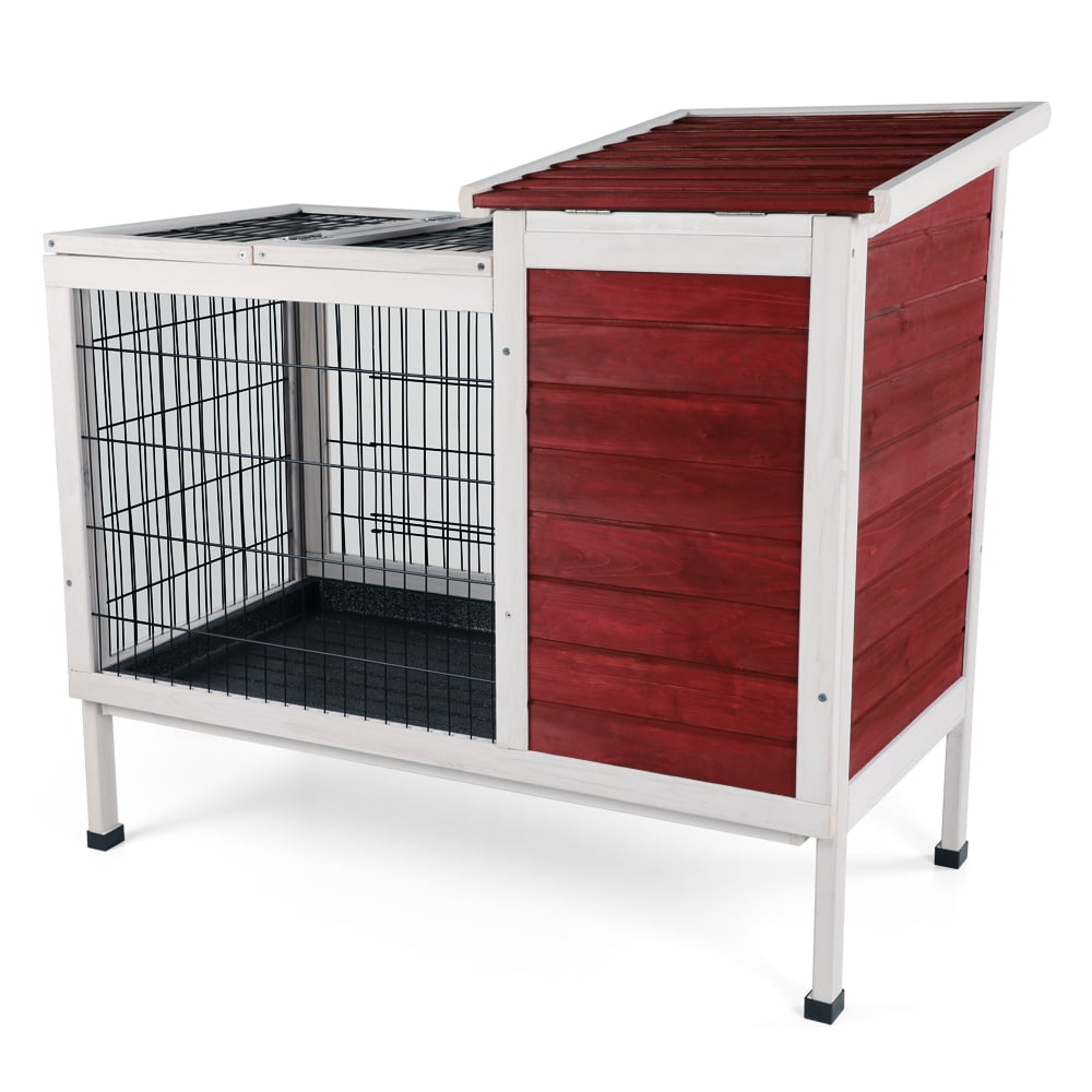 Witaxima Red Wooden Rabbit Hutch with Runway, 37.5x21.5x34 Inch Small Animal Cage, Leak-Proof Plastic Tray for Indoor/Outdoor Use