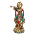 thumbnail image 2 of Wgloryind Brass Lord Krishna Statue Playing Flute On Round Double Lotus Base Multicolor Gemstone Handwork Sculpture Home Decor for Living Room Pooja Gift Item, 2 of 5