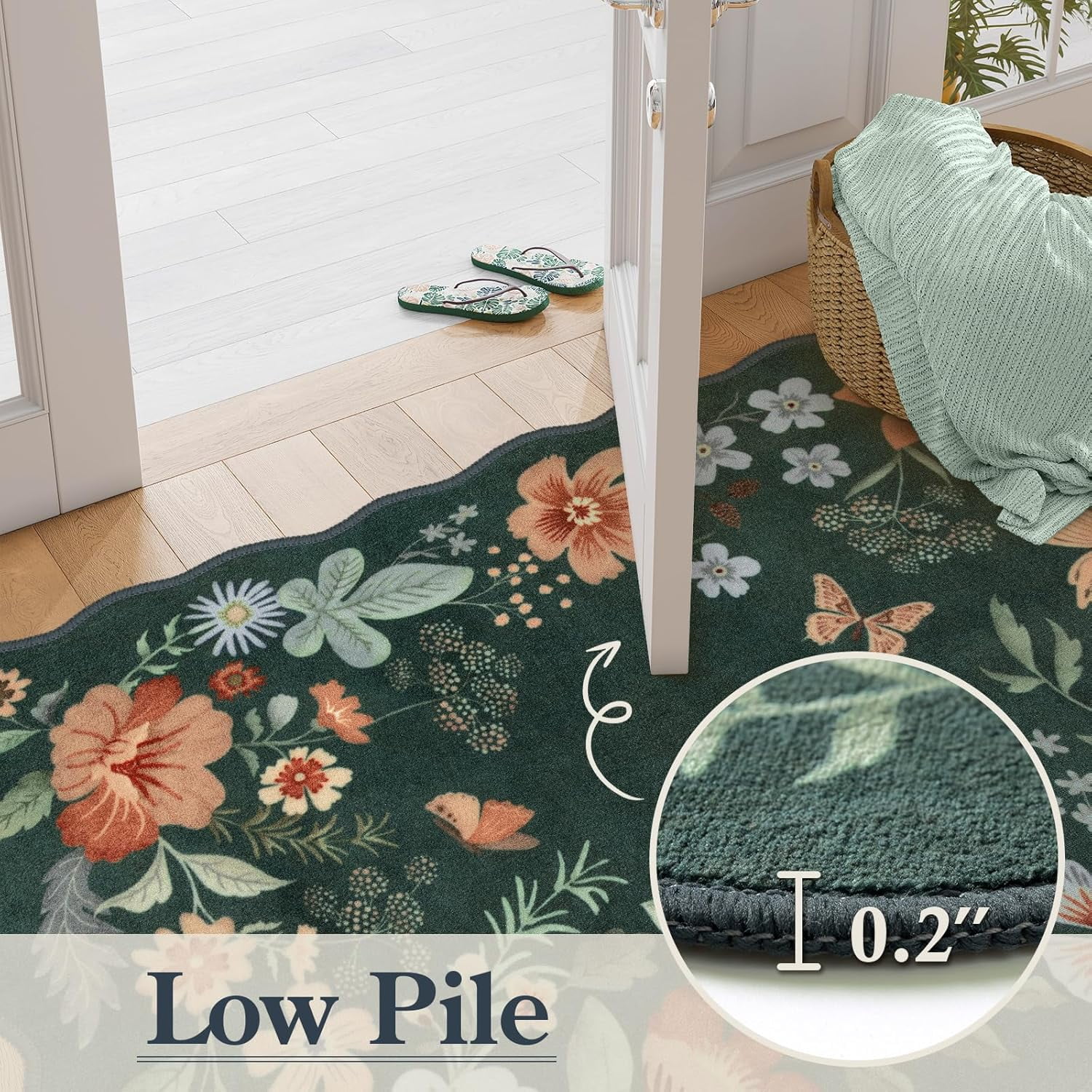 Moynesa 8'x10' Floral Washable Area Rugs, 8x10ft Soft Bedroom Large Rug for Living Room Ultra-Thin Non Slip Dining Room Rug, Stain Resistant Boho Rugs Easy Clean Throw Carpet for Office,Dark Green