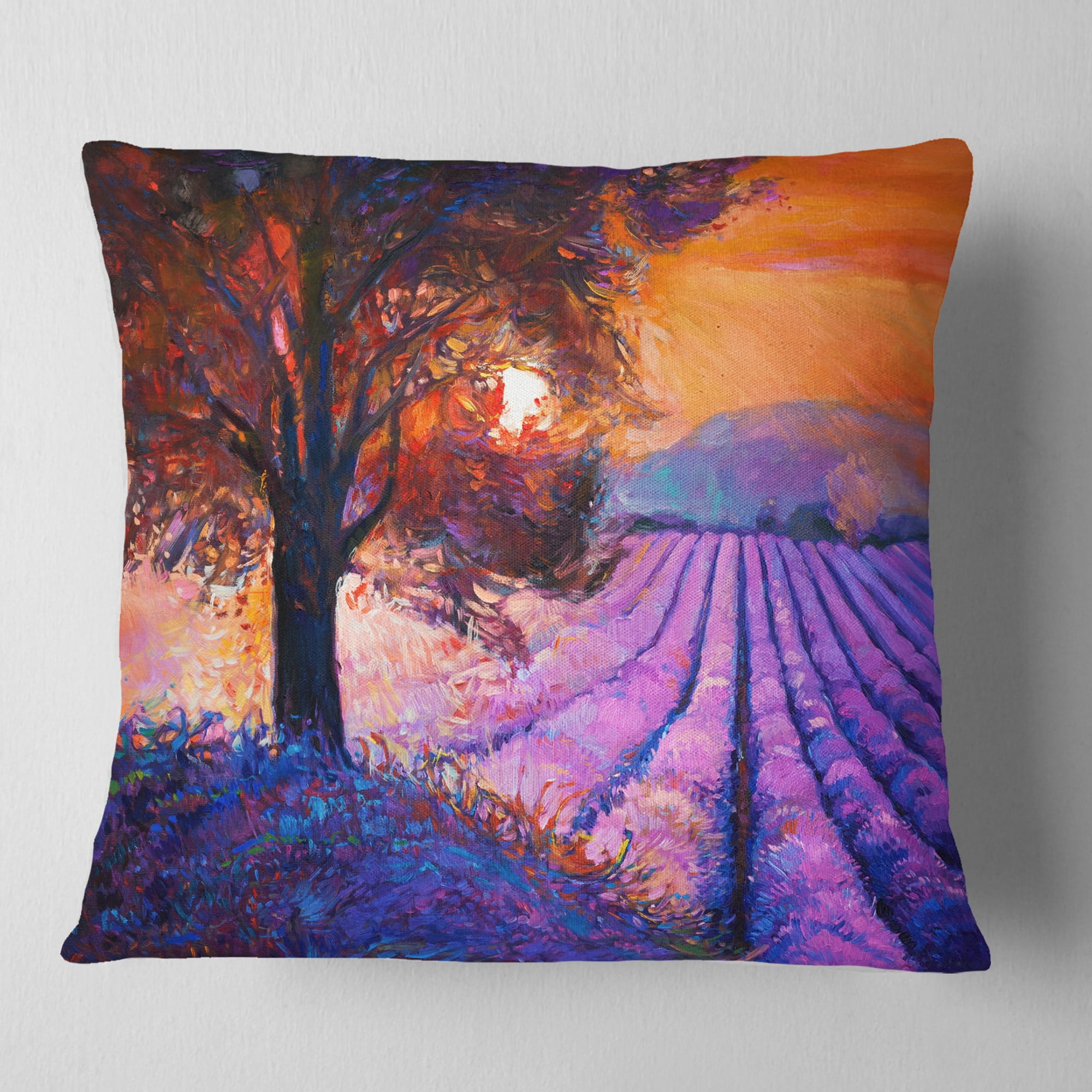 Designart Majestic Lavender Field and Tree - Floral Throw Pillow - 18x18