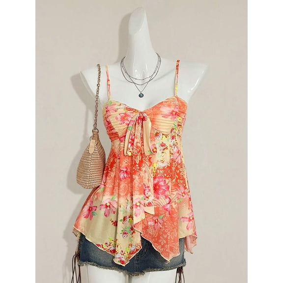 Orange Floral Print Camisole Tank Top With Tie Front And Spaghetti Straps