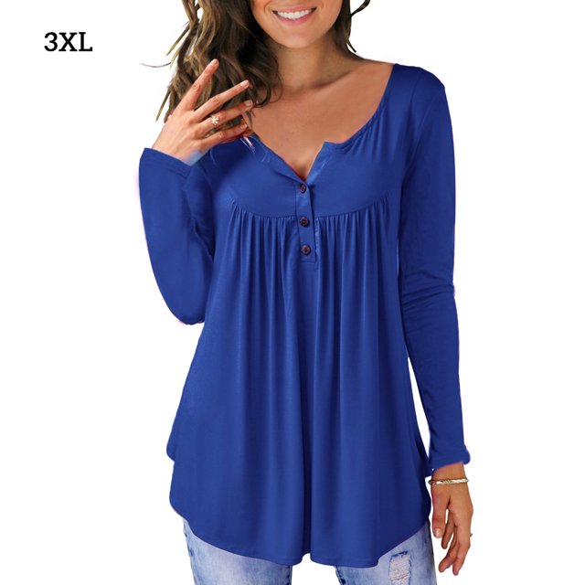 Camisa de mujer Botón plisado Blusa suelta Camiseta de manga larga Top, Azul, 3XL Advancent AP000668-10