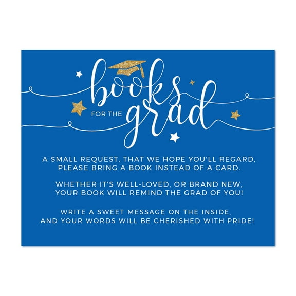 Royal Blue and Gold Glittering Graduation, Books for Grad Request Cards, 20-Pack