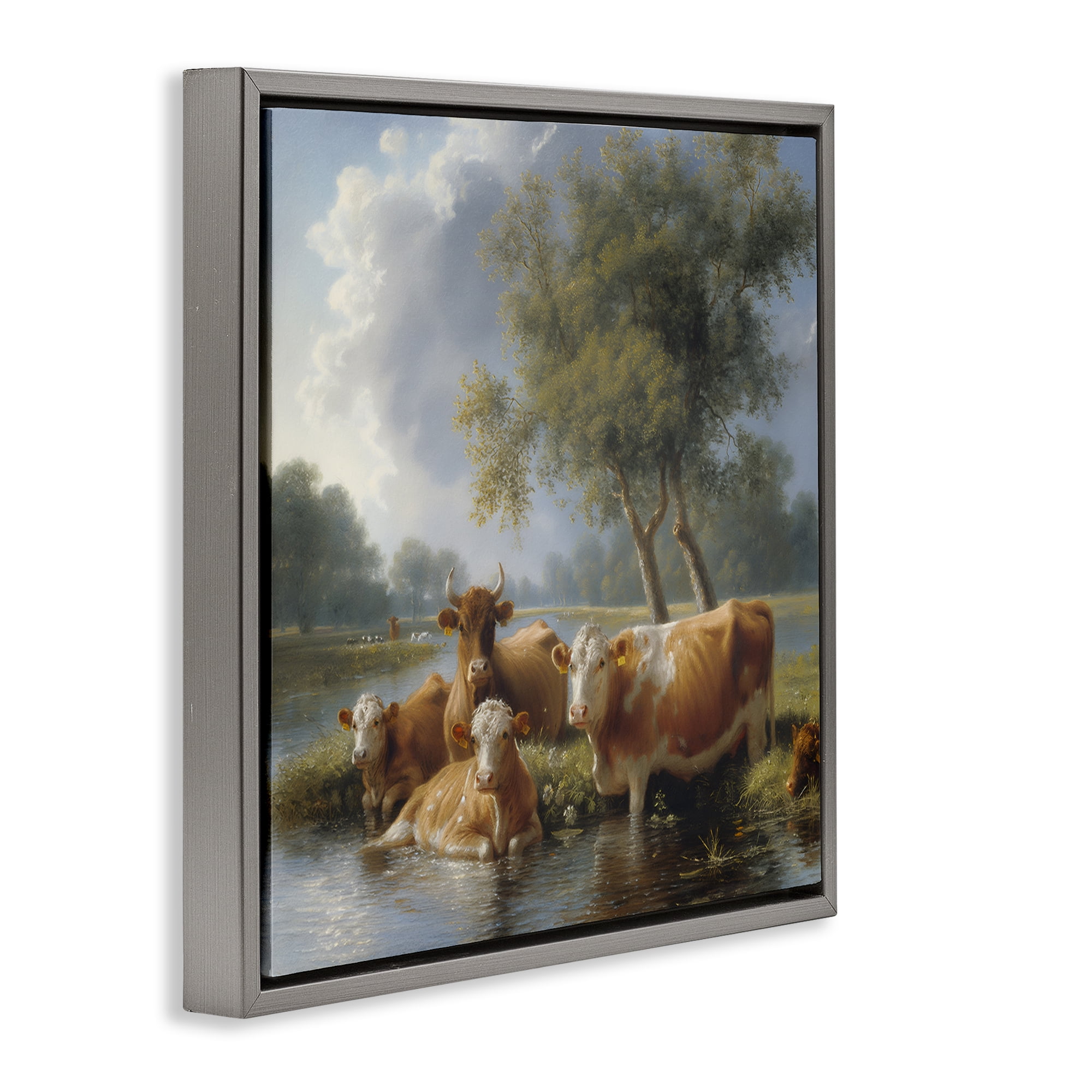 Stupell Industries Cow Family Charming Scene Animals Painting Gray Floater Framed Canvas Art Print Wall Art, 25 x 25