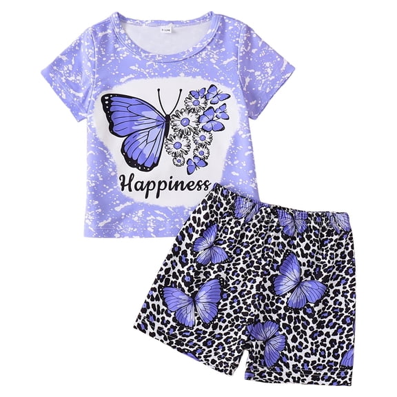 larppty Girls 2-Piece Outfit Set, Purple Butterfly Print Short Sleeve T-Shirt & Leopard Print Shorts, Soft Kids Casual Clothes for Play & Daily Wear(Purple, 18-24 Months)