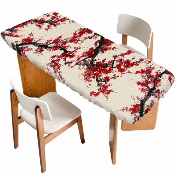 Red Flowers Table Cloths for 8 Foot Rectangle Tables, Chinese Plum Blossoms Traditional Ink Painting Patio Waterproof Elastic Fitted Tablecloths, Washable Rectangular Table Cover for Camping