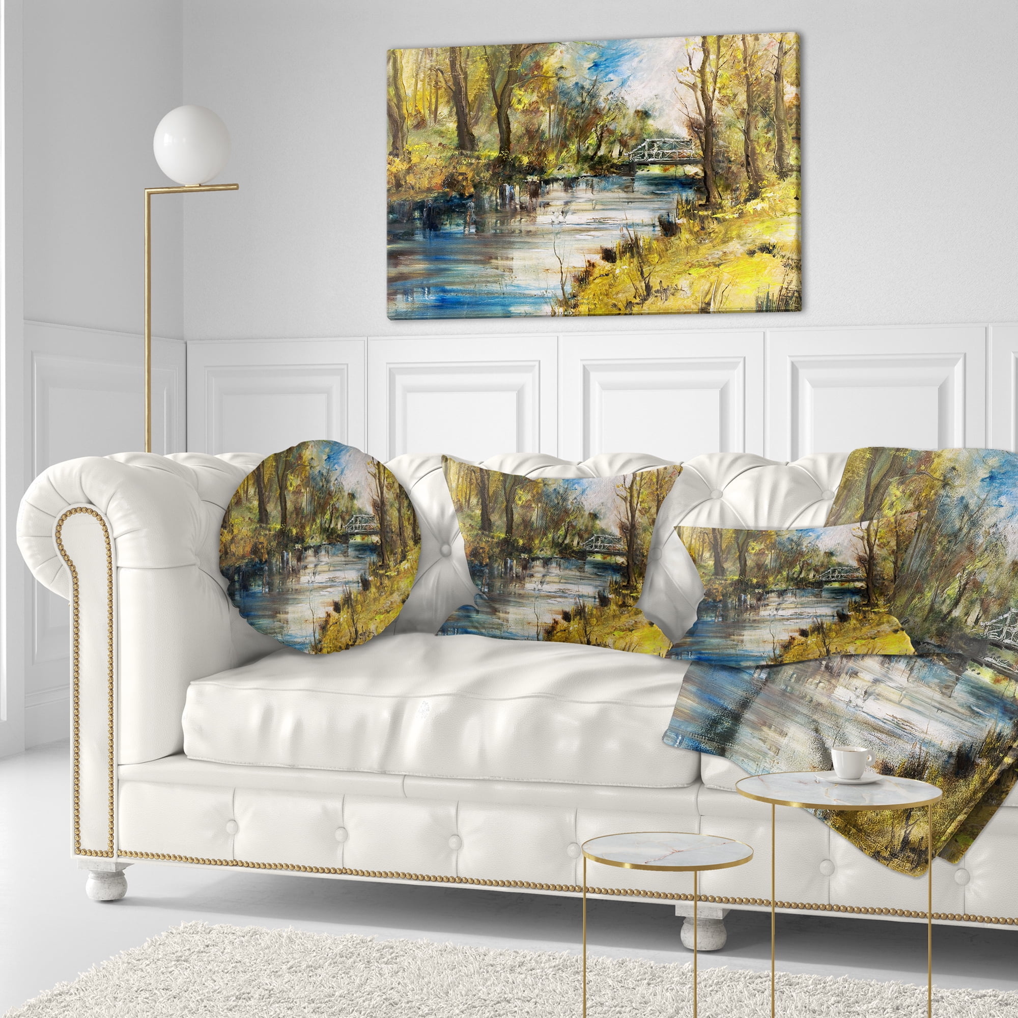 Designart Bridge Over River Oil Painting - Landscape Painting Throw Pillow - 12x20