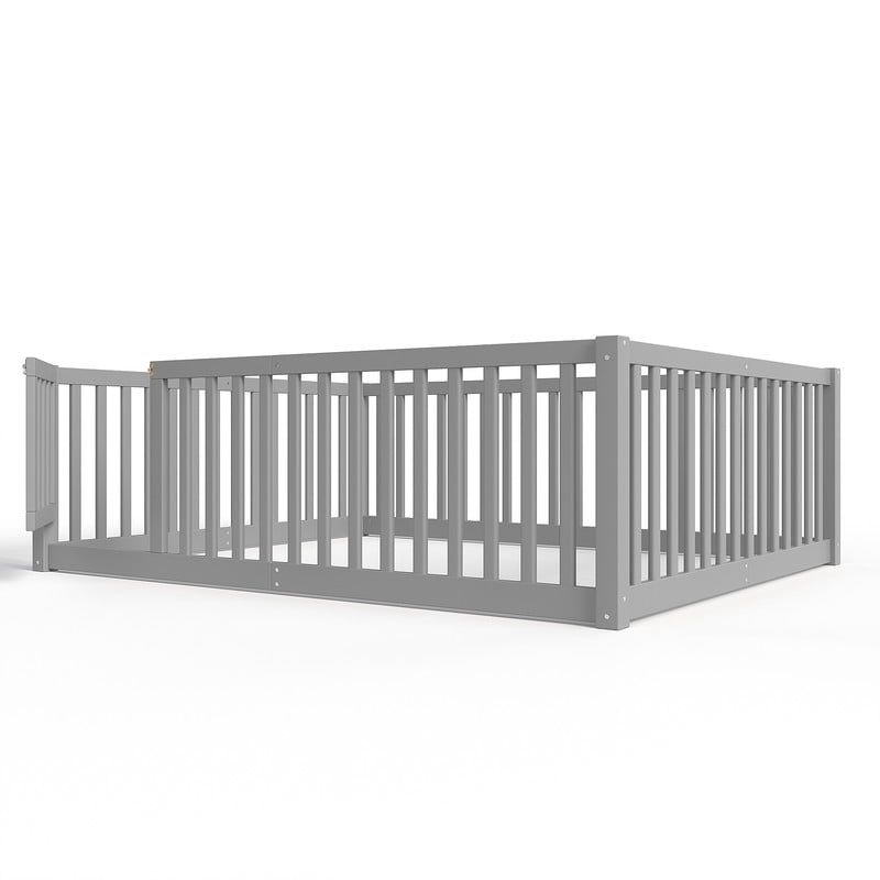 Bellemave Full Montessori Bed Frame, Wood Full Size Floor Bed with High Fence Rails, Full Beds Frame for Bedroom Playroom(Gray)