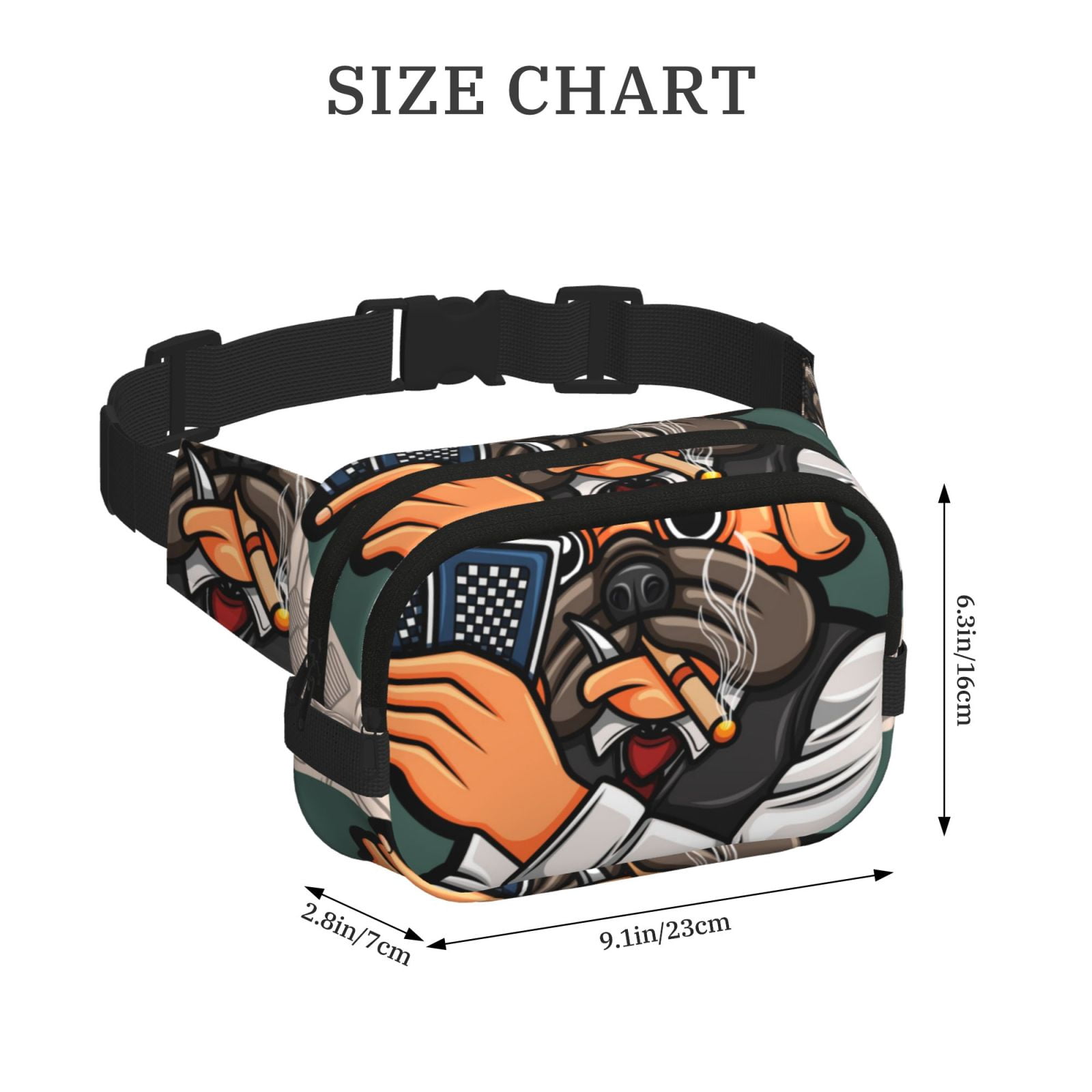 Picia Pug Dog Print Square Double-Layer Waist Bag Mini Adjustable Waist Belt Bag Exercise Running Travel Hiking