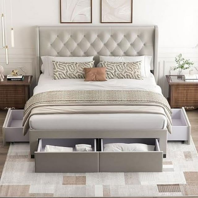 Brittany Queen Bed Frame with 4 Storage Drawers/Platform Bed/Upholstered - Light grey