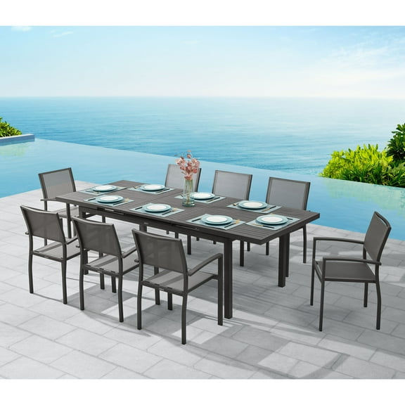 Heck 9 Pieces Extendable Outdoor Patio Dining Set for Eight Person, Charcoal Black Aluminum