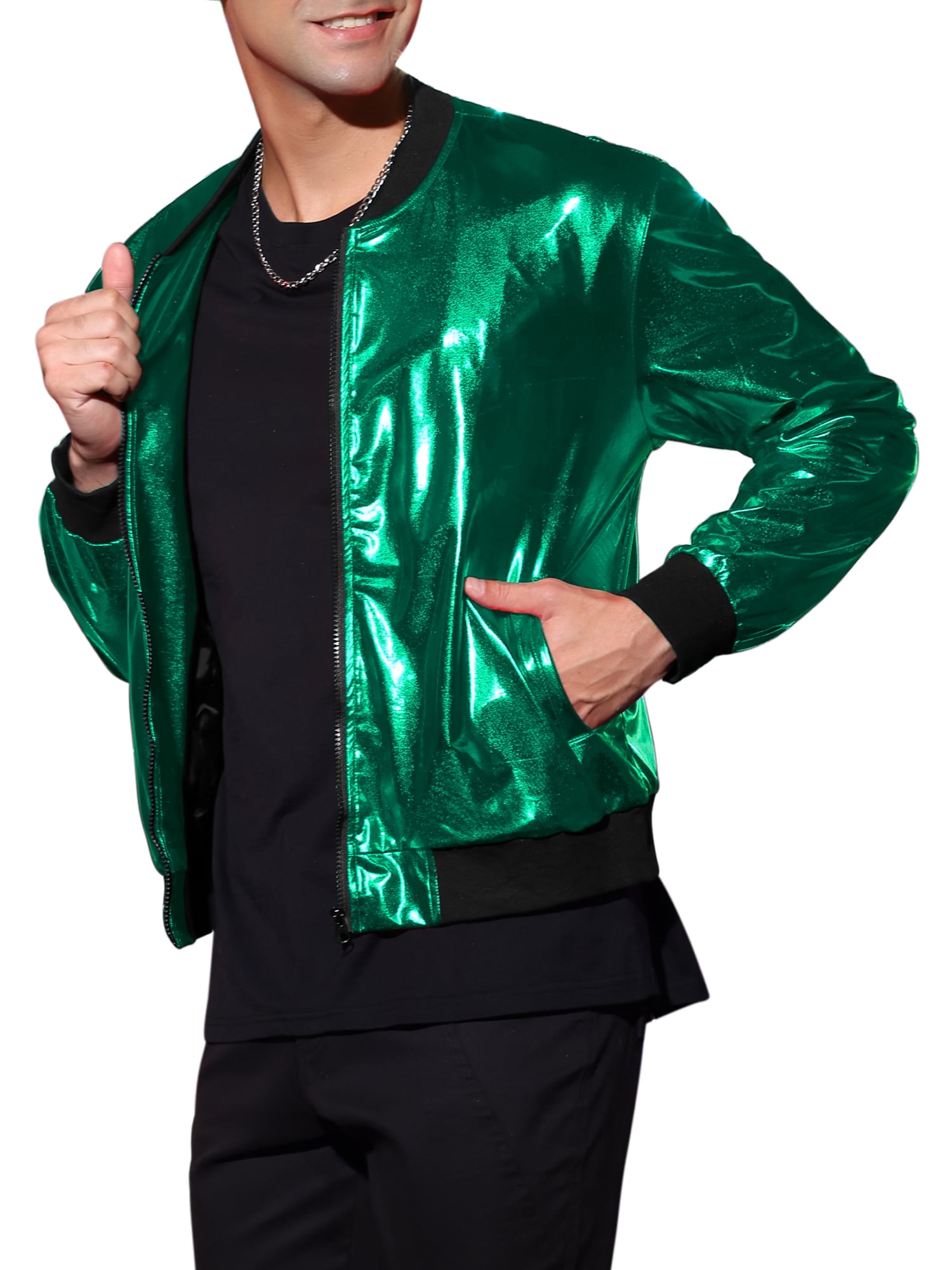 Lars Amadeus Men's Metallic Jacket Zip Up Disco Party Shiny Varsity Bomber  Jacket