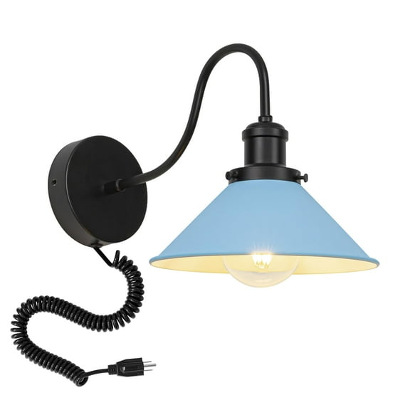 KAYYELAMP Spiral Retractable Plug in Cord Gooseneck Metal Wall Sconce Blue Shade Vintage Minimalist 1-Light for Bedside Doorway(No bulb)