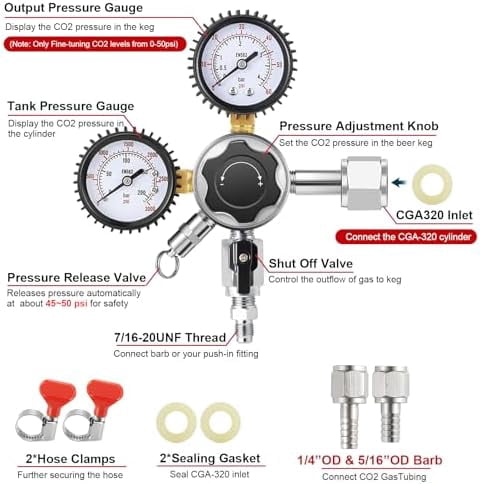 CO2 Regulator for Kegerator CO2 Regulator Beer Keg Regulator CO2 Kegerator Regulator CGA-320 Co2 Tank Regulator Dual Stage CO2 Regulator Kegerator Parts Draft Beer Regulator Gauges