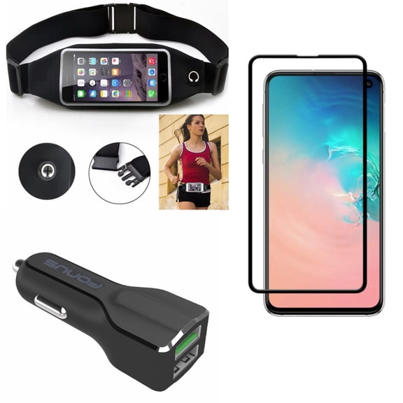 Galaxy S10e Car Charger w Running Waist Bag w Screen Protector - 30W 2-Port USB Power, Belt Band Sports Gym Workout, Tempered Glass 5D Curved Edge for Samsung Galaxy S10e Phone