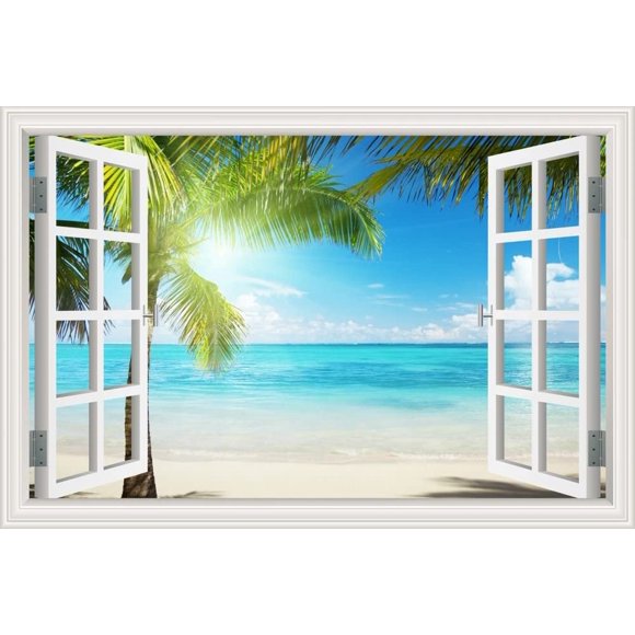Beautiful White Beach Coconut Tree 3D Window View Wall Sticker Blue Ocean Theme Tropical Island Wall Decor Decals For Living Room Mural Wallpaper 24"X36"