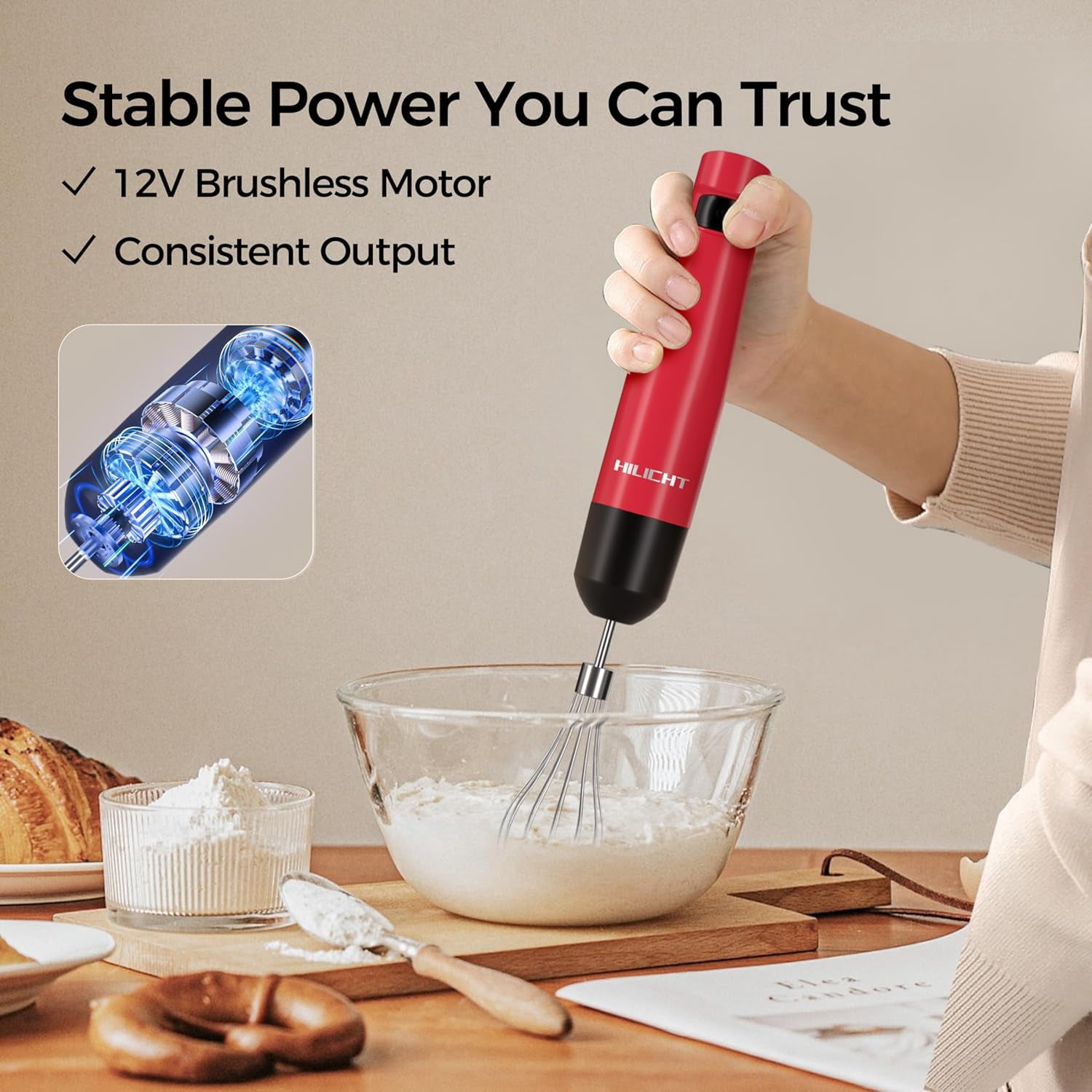 Cordless Hand Blender, 12V Rechargeable Immersion Blender with 60+ Bowl Battery Life, 4-Point Stainless Steel Blade, Variable Speed & Egg Whisk - for Soups, Smoothies, Baby Food
