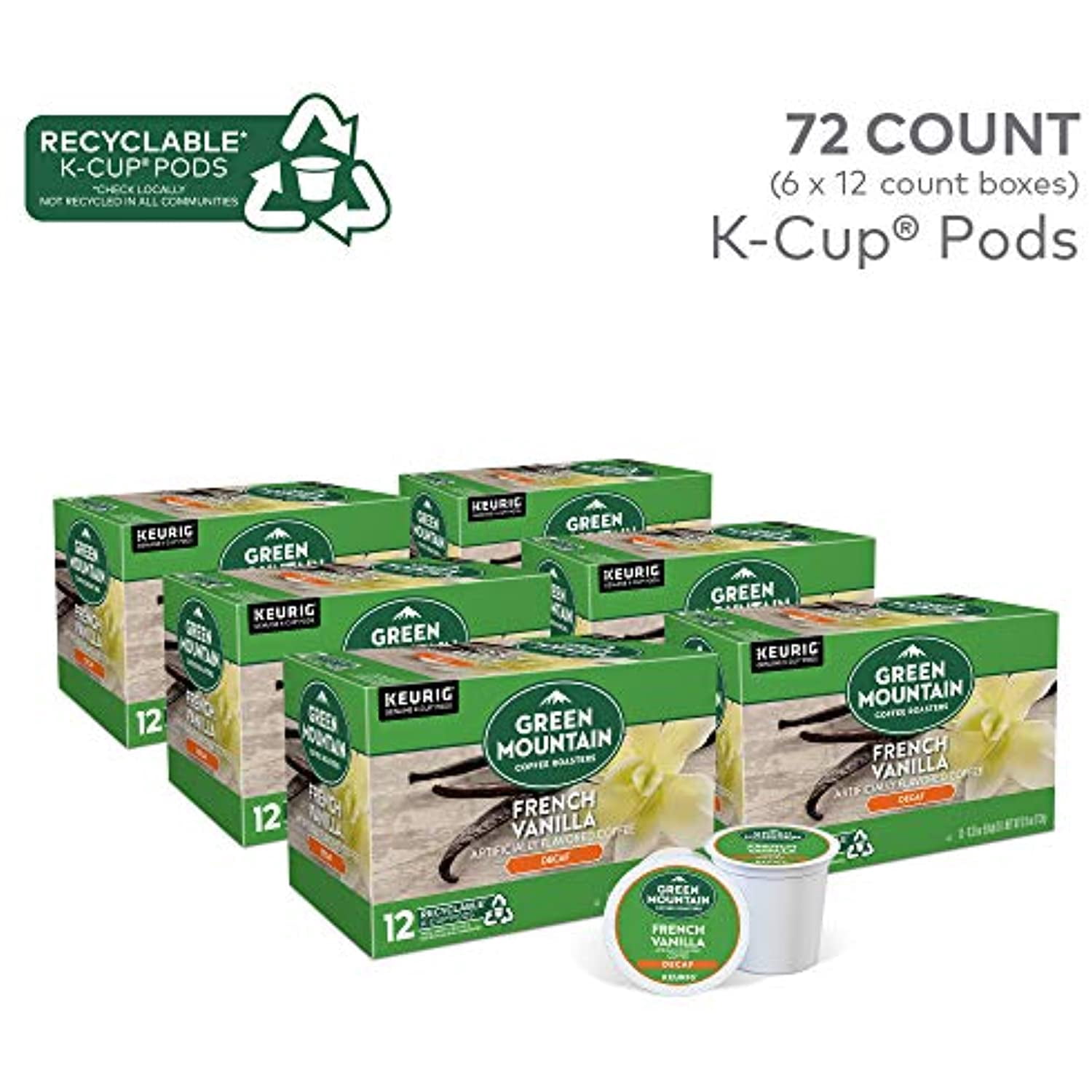 Green Mountain Coffee Roasters French Vanilla Decaf, Single-Serve Keurig K-Cup Pods, Flavored Light Roast Coffee, 72 Count