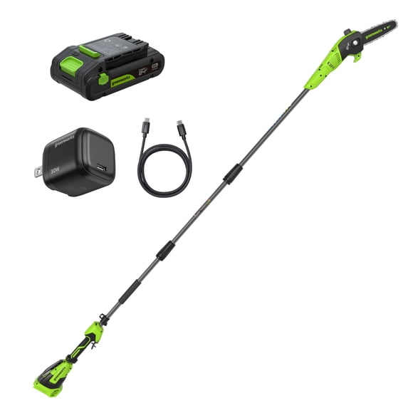 Greenworks 24V Brushless 8" Pole Saw, 2.0Ah Battery and 30W Type-C Charger (3-FT) Included