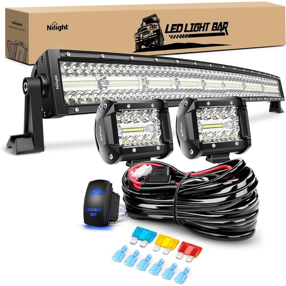 Nilight 33Inch LED Light Bar 2Pcs 4Inch 60W Spot Flood Lights Pods Off Road DrivingWork Lighting with 14AWG Wiring Harness Kit-3 Leads for Truck Tractor Pickup Boat SUV ATV UTV Car Van Camper