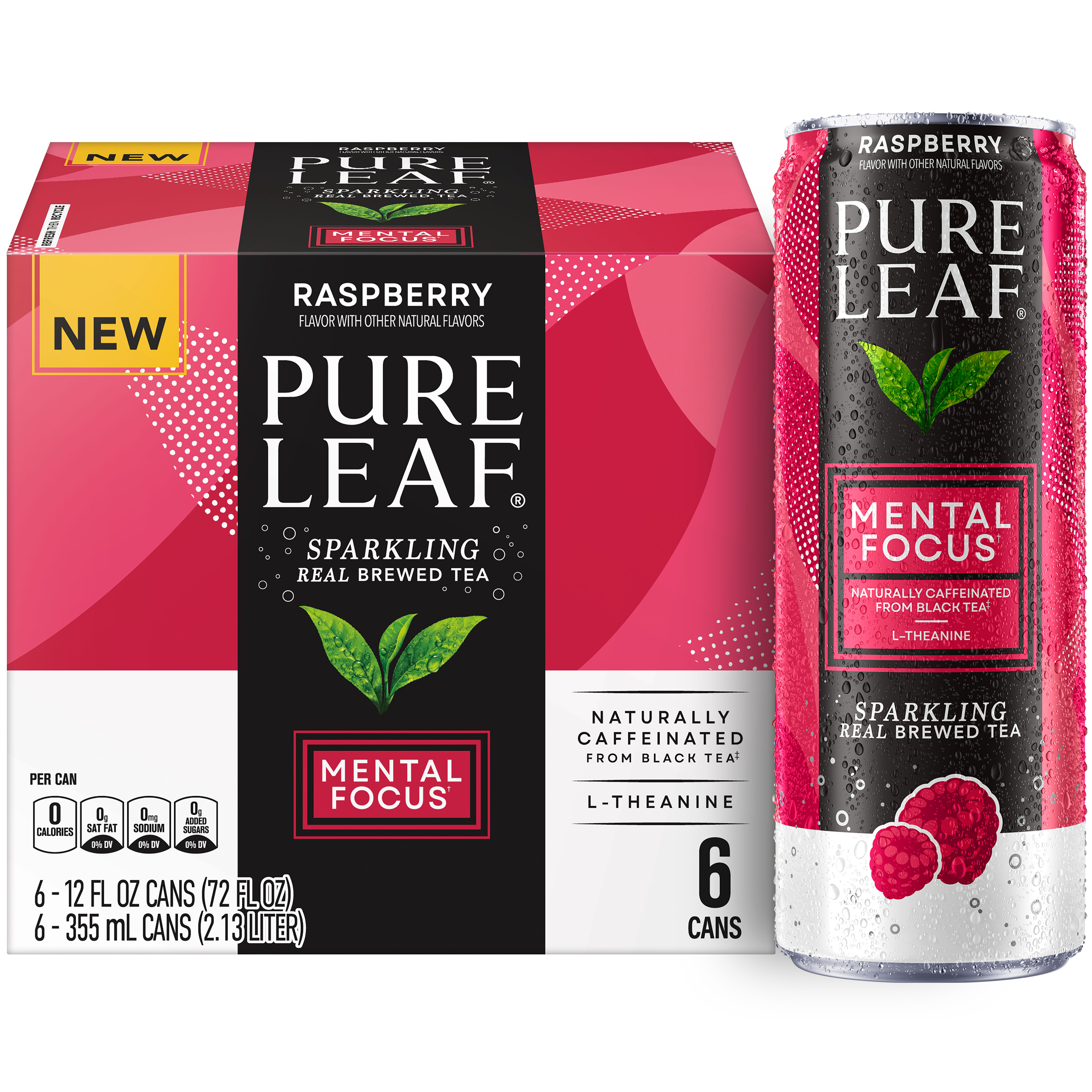 Pure Leaf Mental Focus Raspberry Tea Sparkling Real Brewed Iced Tea Cans, 12 fl oz, 6 Count pack