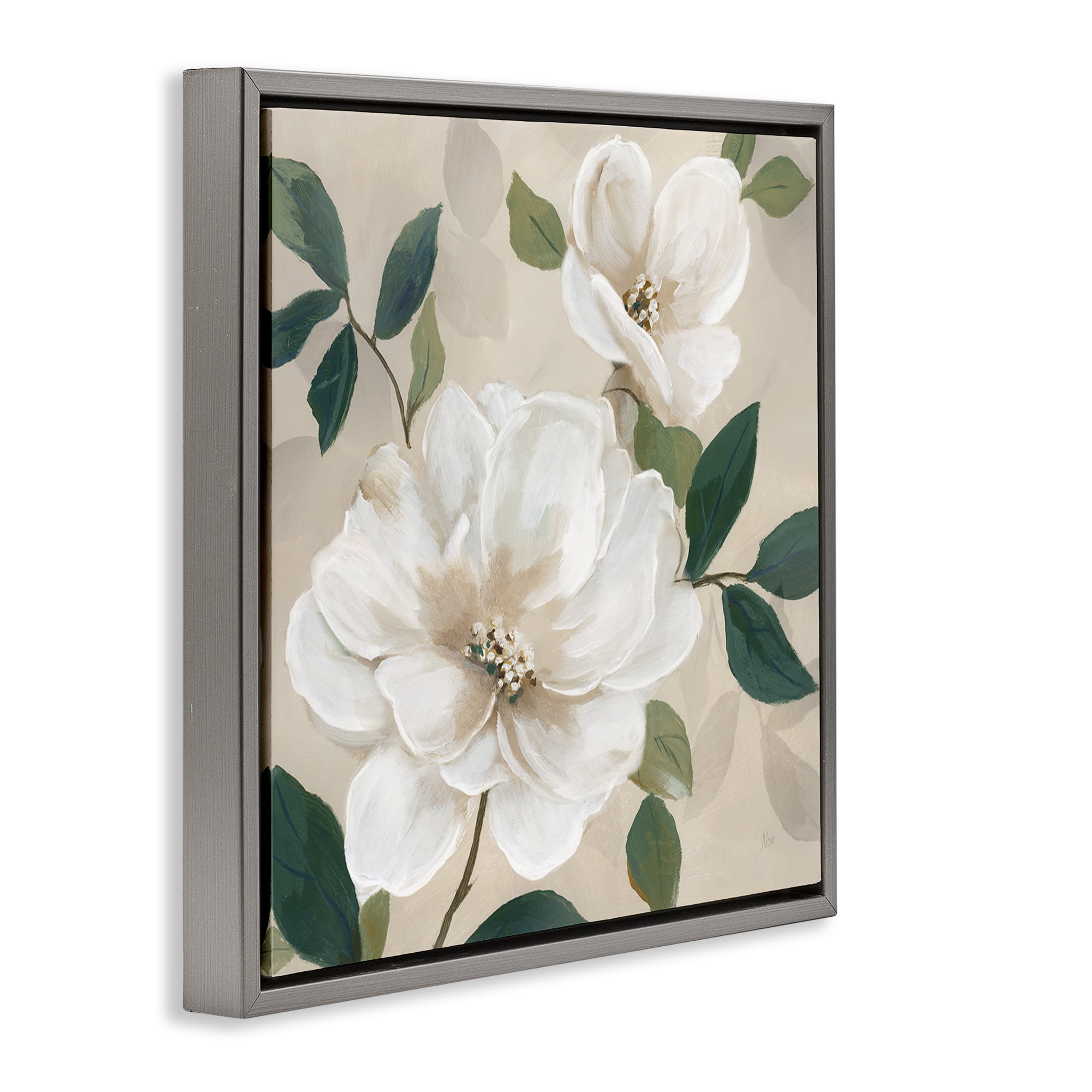 Stupell Industries Serene White Magnolia Study Gray Framed Floater Canvas Wall Art, design by Nan