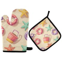 Yayeee Oven Mitts and Pot Holder Set of 4 Heat Resistant Kitchen Gloves Baking Hot Pad, Beach Toys Pattern