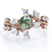 JeenMata 0.75 Carat Branch Leaf Design 6 Prong Round Shaped Opaque White Moss Green Agate And Moissanite Cathedral Tension Engagement Ring In 18K Rose Gold Plating Over Silver