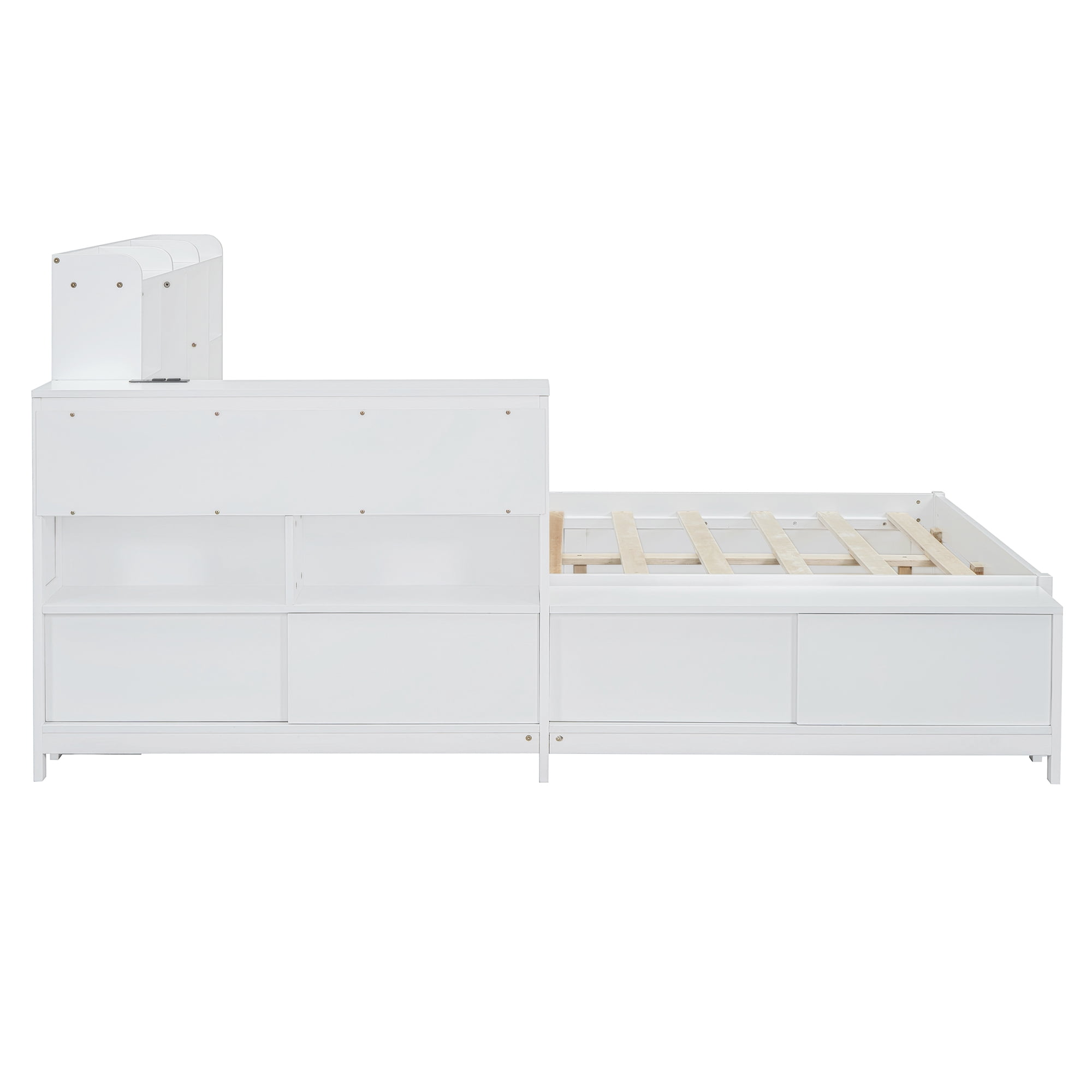 Euroco Wood Full Size Platform Bed with Nightstand and Drawers, Desk and Cabinets, USB Ports, White