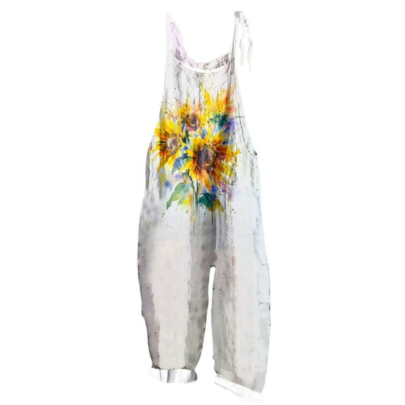Overalls for Women Casual Loose Fit Adjustable Strap Flower Graphic Printed Wide Leg Jumpsuits Clothes (XL, Yellow)